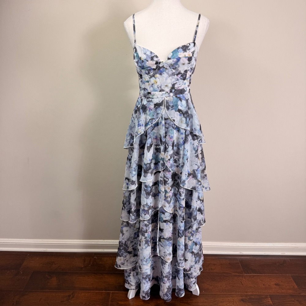 Fame & Partners Catherine Tiered Bustier Blue Floral Gown Wedding Guest US 12
